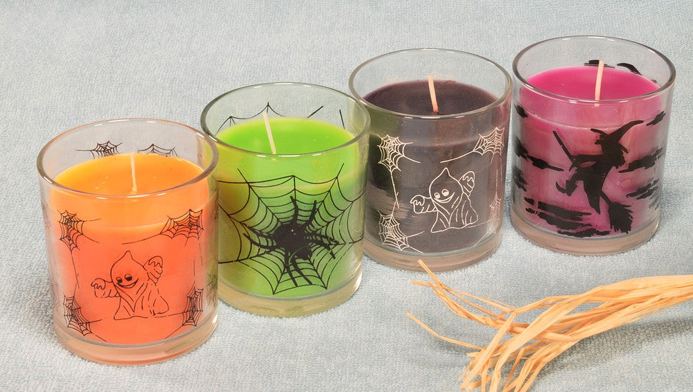 4 verschiedene HALLOWEEN-Kerzen im Glas (Fake Spin Free)